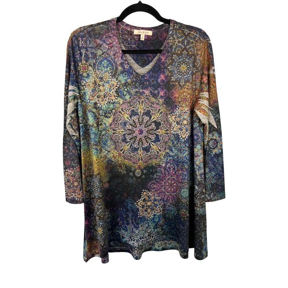 Jess & Jane Dark Moody Floral Mandala Print Boho V-neck Tunic SzL Artsy
